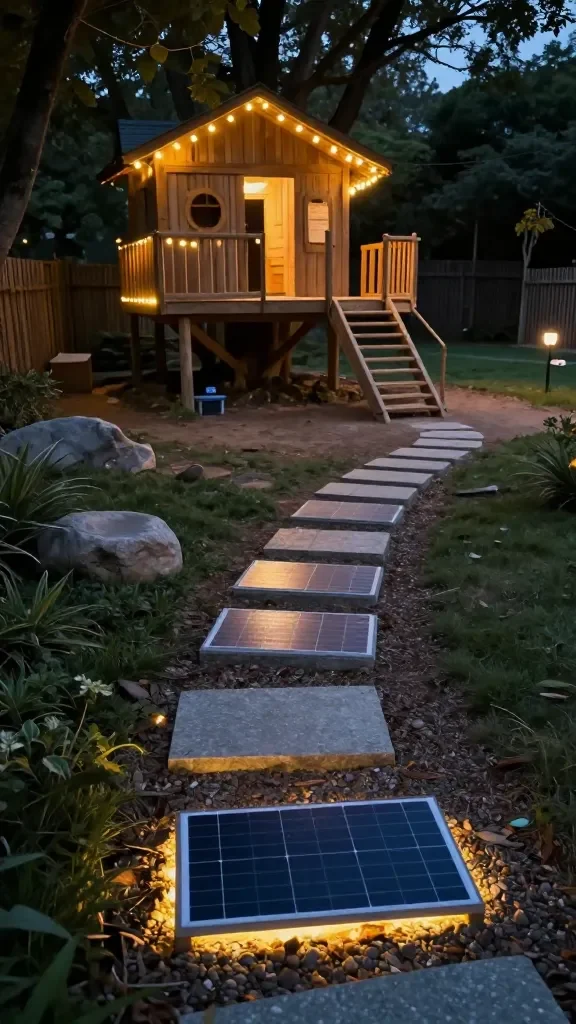 A nighttime-friendly outdoor play scene with solar-lit stepping stones, a cozy treehouse deck lit by warm string lights, a low climbing feature, and soft ground cover for safety.