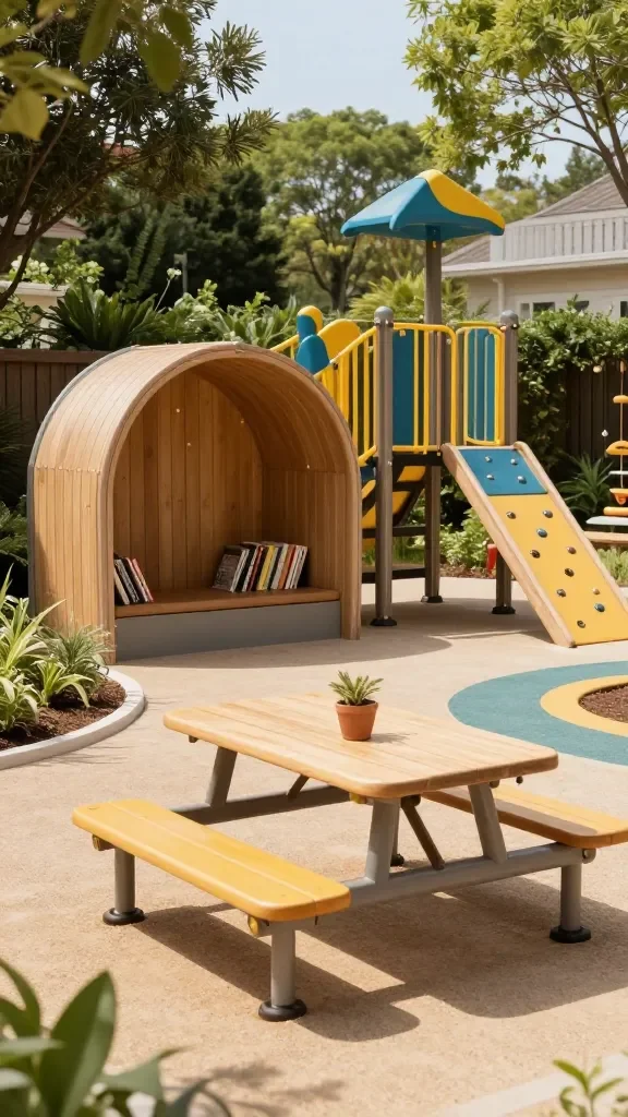 A multi-use outdoor zone featuring a hideaway reading nook, portable picnic tables that function as shade, a modular climbing frame, and a bright, kid-safe color palette, set in a sunlit backyard with natural materials.