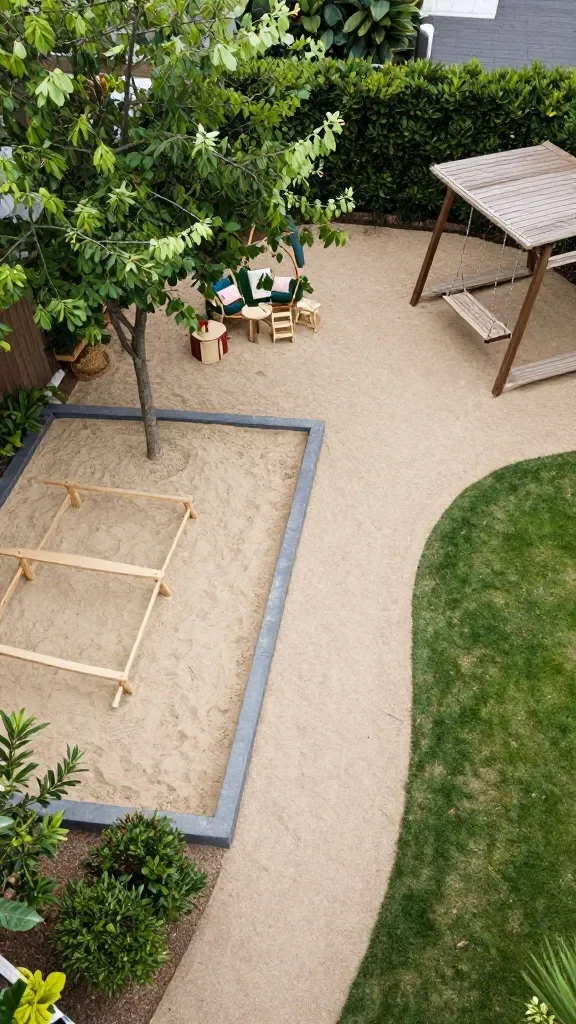 An aerial-view of a backyard “mini oasis” with a tree-adjacent sandbox, a ground-level reading corner, a modular swing set, and a shaded picnic area, all connected by a winding soft ground path.