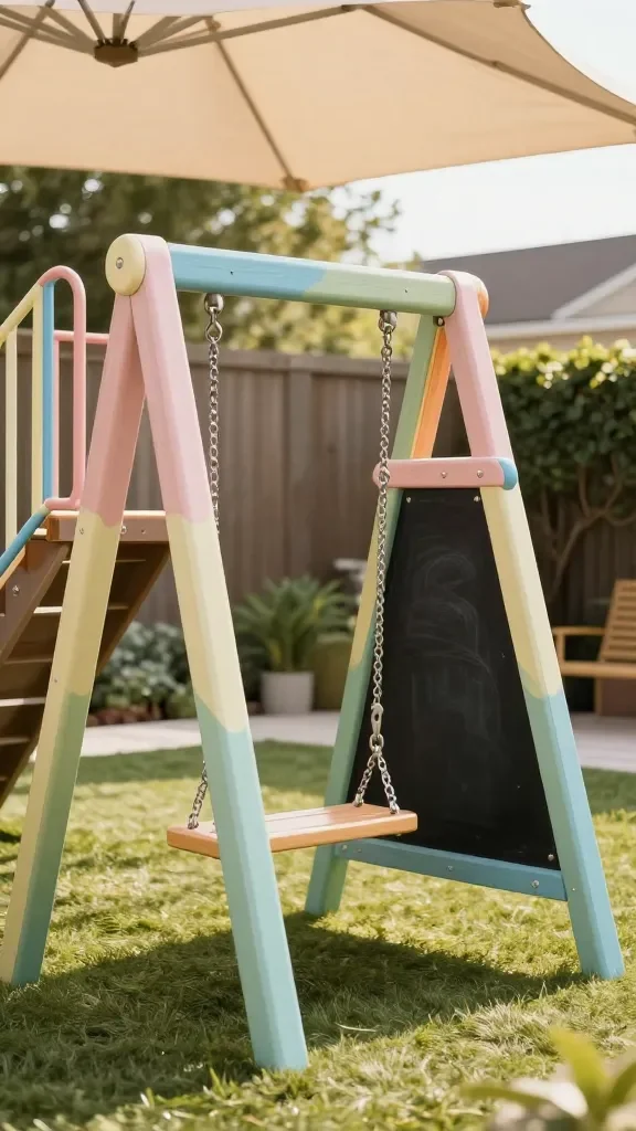 A backyard playground corner featuring a pastel-colored DIY swing set with a rainbow of beams, a chalkboard panel on the side, a weatherproof sealant sheen, and a light canopy shade overhead, photographed in warm afternoon light.
