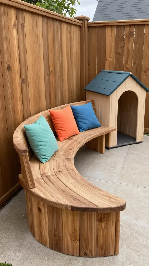 Built-in seating along a wooden fence: a low, wide bench with a playful curved edge, weatherproofed wood in natural stain, colorful throw cushions, and a mini playhouse at one end, shown from a slightly elevated angle.