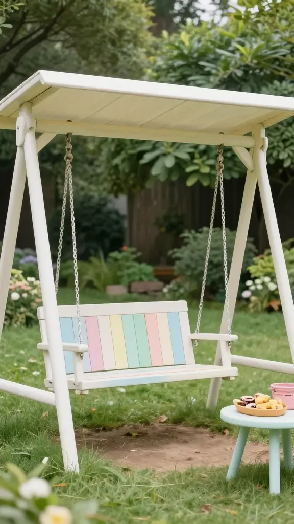 A shaded swing area where a pastel-painted swing set sits under a sail shade, with soft lawn, surrounding greenery, and a small side table holding a tray of snack-friendly items for kids.
