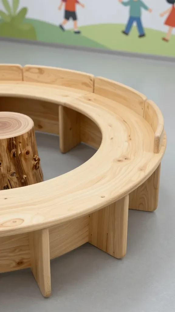 A built-in wooden bench circle around a tree stump play station: smooth, sanded wood, light stain finish, integrated planters on the edge, and kids' murals faintly visible in the background.
