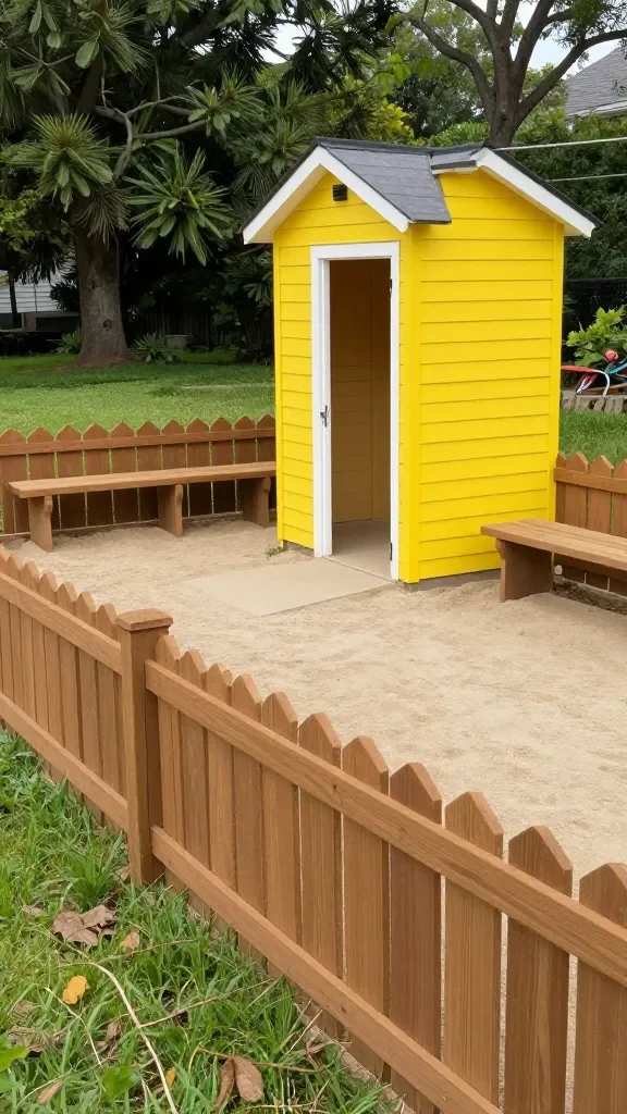 A multi-use play area with a mini clubhouse and seating: a low-lying, sanded wood fence, a small doorway, bench seating along the perimeter, and a bright, durable paint palette to complement the yard.