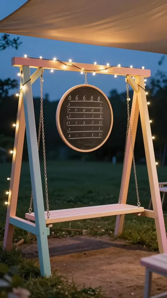A colorful DIY swing frame at dusk: pastel beams lit by string lights, gentle shadows, a round chalkboard panel with tally marks, and a soft glow from the canopy above.