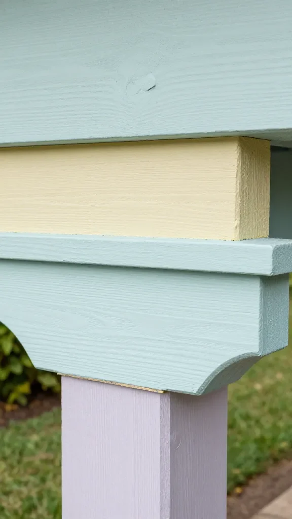 A close-up of exterior-grade painted wooden beams with a weatherproof sealant, showing layered pastel colors and the subtle texture of the wood grain, with a hint of surrounding lawn and plants.