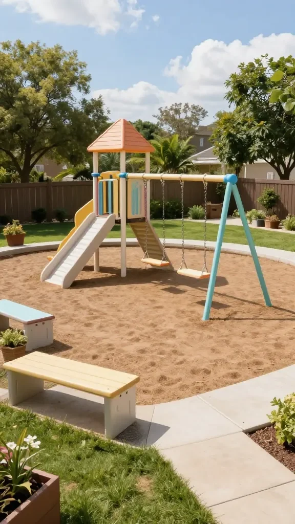An expansive backyard playground shot: a central pastel-colored swing set, built-in bench seating to the side, a low fence, kid-sized planters, and a wide-open lawn with trees and a sunny sky.