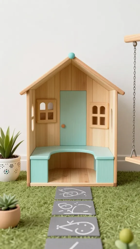 A playful corner featuring a tiny playhouse, built-in bench around its base, and a bright pastel color scheme for the wood, with decorative plant pots and a small chalk-drawn path on the ground leading to the swings.