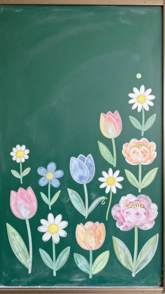 20 May Chalkboard Ideas for Spring Decor: Brighten Your Space 2 A bright spring chalkboard with a cheerful floral frenzy: simple tulips, daisies, and peonies drawn in airy curved lines, pastel colors, with light watercolor shading to evoke fresh garden vibes.