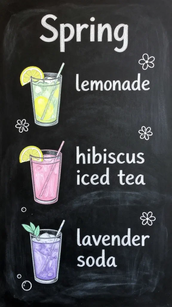 20 May Chalkboard Ideas for Spring Decor: Brighten Your Space 3 A seasonal menu board: hand-drawn list of three spring drinks (lemonade, hibiscus iced tea, lavender soda) with tiny icons like lemons, flowers, and bubbles, all in soft pastel chalk on a chalkboard.