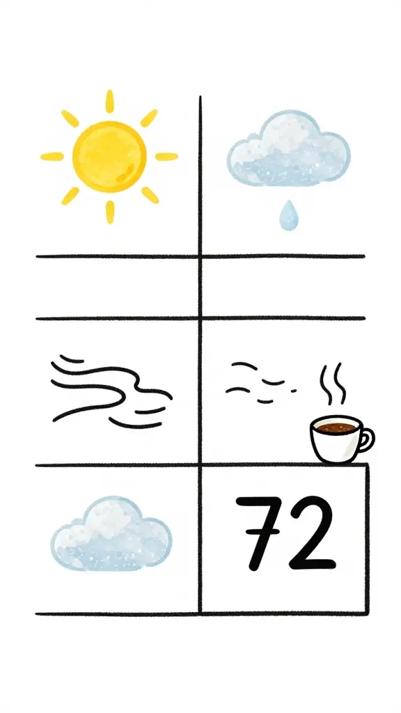 20 May Chalkboard Ideas for Spring Decor: Brighten Your Space 4 Tiny weather grid: a mini forecast with sun, a few clouds, a gentle breeze symbol, and a high temperature of 72, plus a small cup of coffee doodle perched beside it.