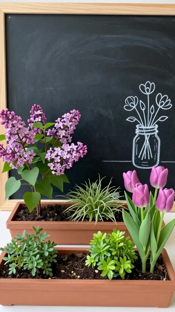 20 May Chalkboard Ideas for Spring Decor: Brighten Your Space 5 Garden-themed scene: a miniature chalkboard landscape featuring raised-bed planters with lilac, tulips, and greenery, plus a mason jar vase of flowers sketched in simple lines.