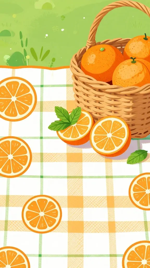 20 May Chalkboard Ideas for Spring Decor: Brighten Your Space 6 Citrus picnic vibe: a picnic blanket pattern across the bottom edge, a wicker basket, sliced oranges, and mint sprigs, all drawn with bold curved lines and bright orange and green accents.