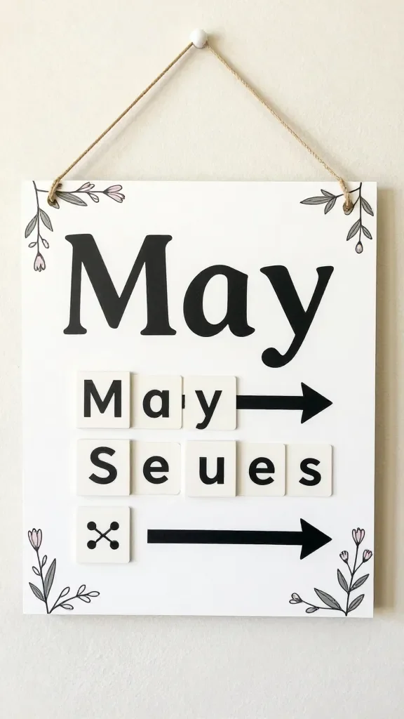 20 May Chalkboard Ideas for Spring Decor: Brighten Your Space 7 May decor rotation sign: a reusable “May” banner with interchangeable letter tiles, arrows indicating changing seasons, and subtle doodles of buds and leaves as a decorative frame.