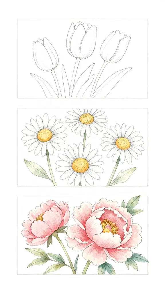 20 May Chalkboard Ideas for Spring Decor: Brighten Your Space 10 Quick floral sketch set: three separate mini panels on the board—one with curved tulip outlines, one with daisy heads, one with peony blossoms—each with minimal shading and pastel hues.