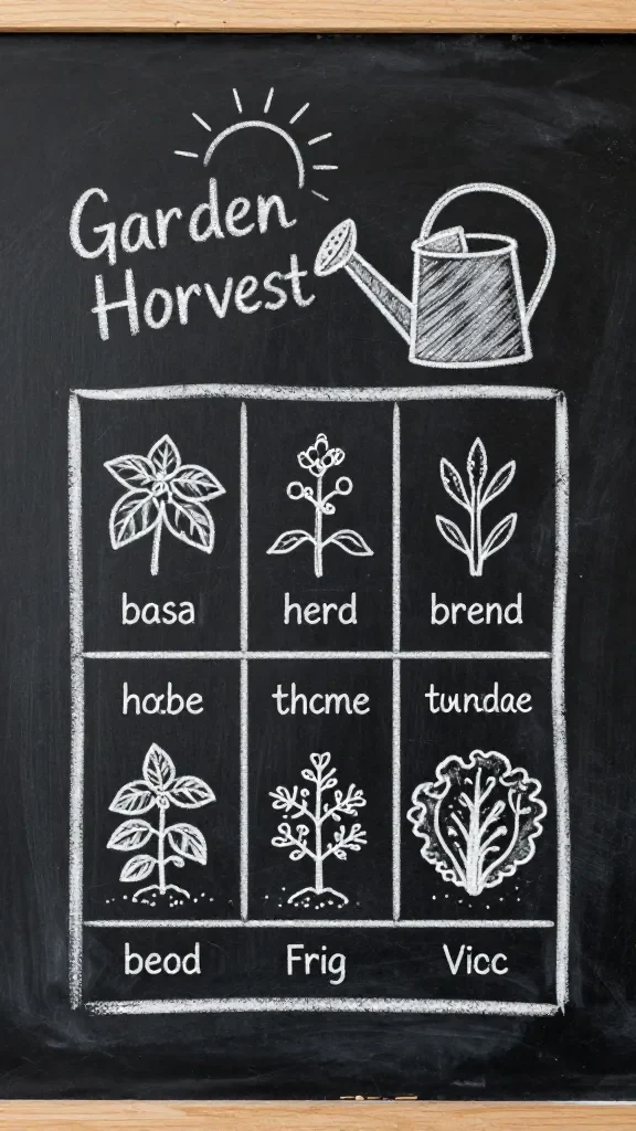 20 May Chalkboard Ideas for Spring Decor: Brighten Your Space 9 Garden harvest motif: a chalkboard featuring a small herb-and-veg garden outline with row labels (basil, thyme, lettuce), plus a watering can and sun above.
