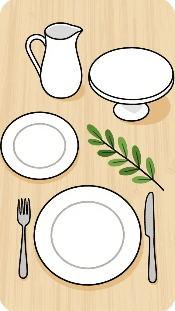 20 May Chalkboard Ideas for Spring Decor: Brighten Your Space 8 Weekend gathering scene: a simple table setting on the board—two plates, a pitcher, a cake stand, and a few sprigs of greenery, all drawn with clean lines and soft colors to evoke a casual spring soirée.