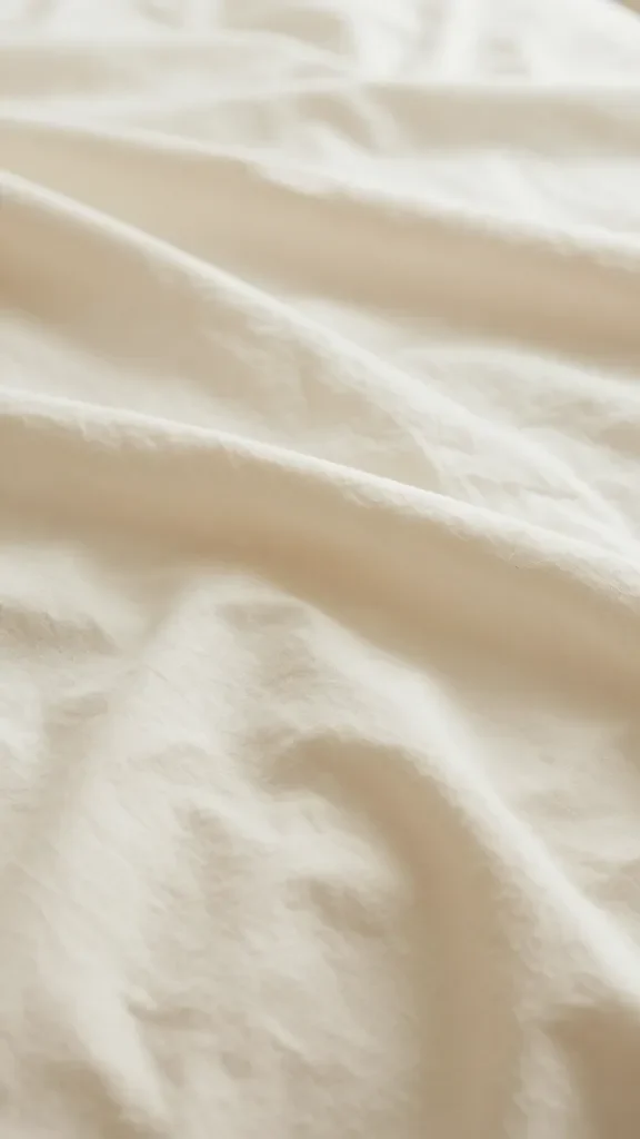 Closeup of creamy off-white bedding fabric in morning light