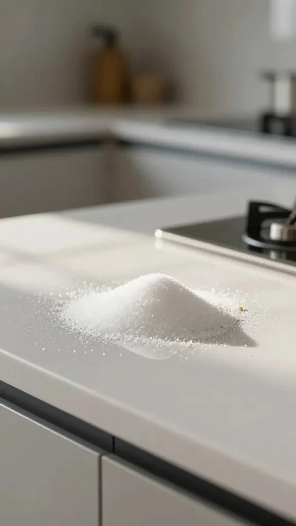 A tidy modern kitchen with shiny counters and a small pile of sugar/crumbs being wiped up, sunlight streaming in, no ants visible yet, conveying prevention.