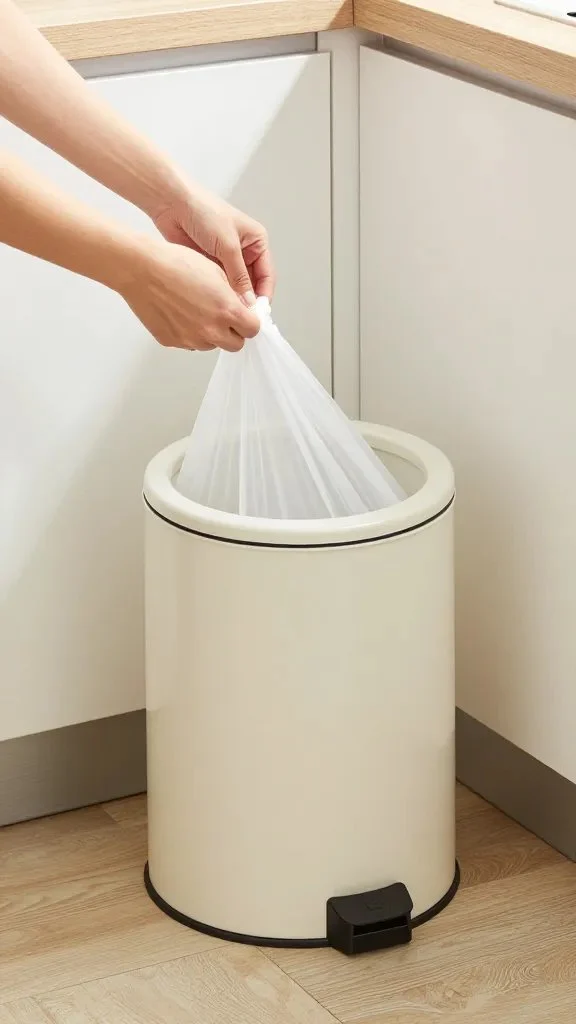 A trash can with a secure, tight-fitting lid inside a bright kitchen corner, a person tying a trash bag nearby to emphasize regular disposal.