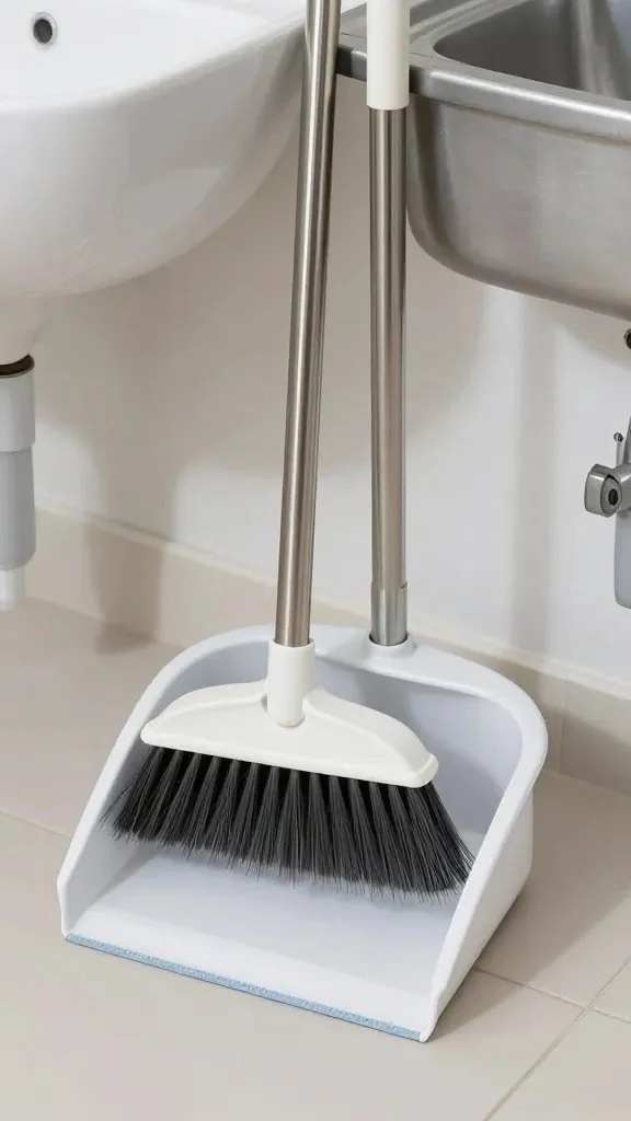 An empty broom and dustpan neatly resting near a sink, with a sink area showing no crumbs, symbolizing ongoing cleanliness.