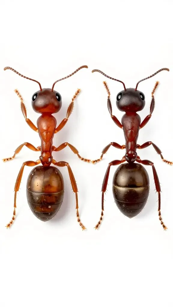 A magnified cross-section illustration of a sugar ant and a pharaoh ant side by side on a plain background, highlighting differences (colors, body segments) without text.