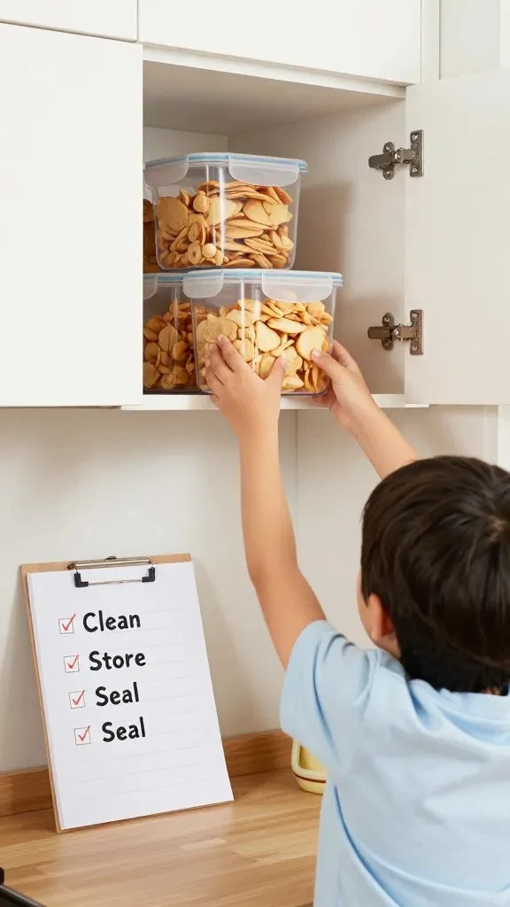 A family-friendly kitchen scene showing a child and adult placing a sealed container of snacks in a high cabinet, with a checklist on the counter that reads “Clean, Store, Seal” (no text on the image itself, but the scene implies the message).
