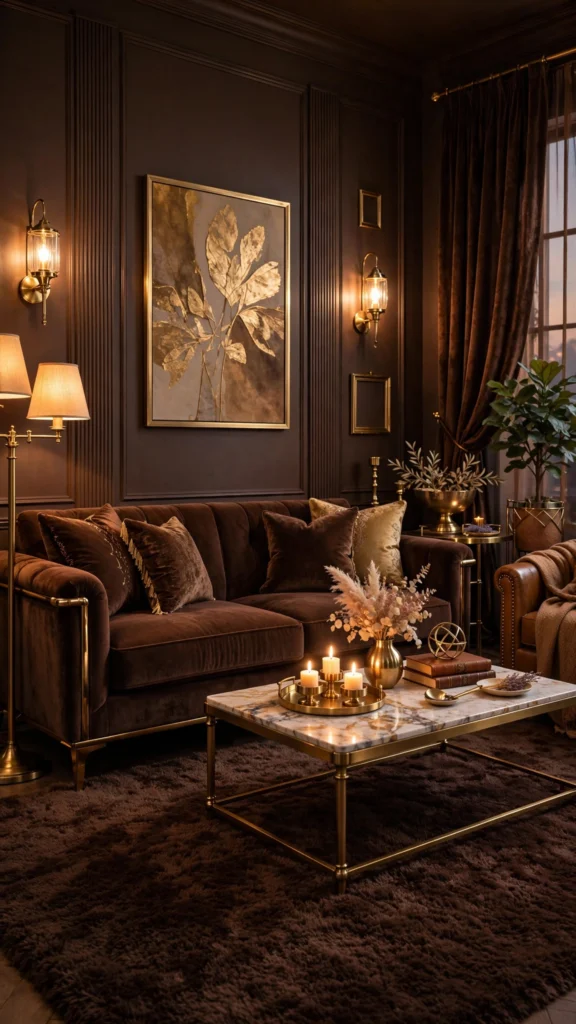 chocolate brass living room