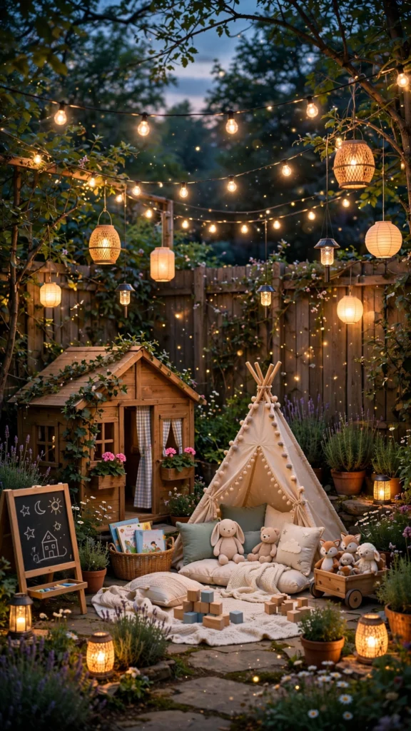 19 Outdoor Play Area Ideas for a Creative and Beautiful Backyard Design: Tiny Oasis 18 magical backyard dusk